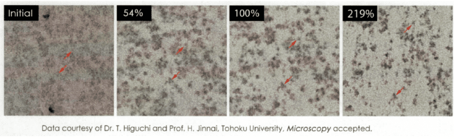 Exemple d’images MET sur un échantillon type caoutchouc soumis à de grandes contraintes de déformations.
